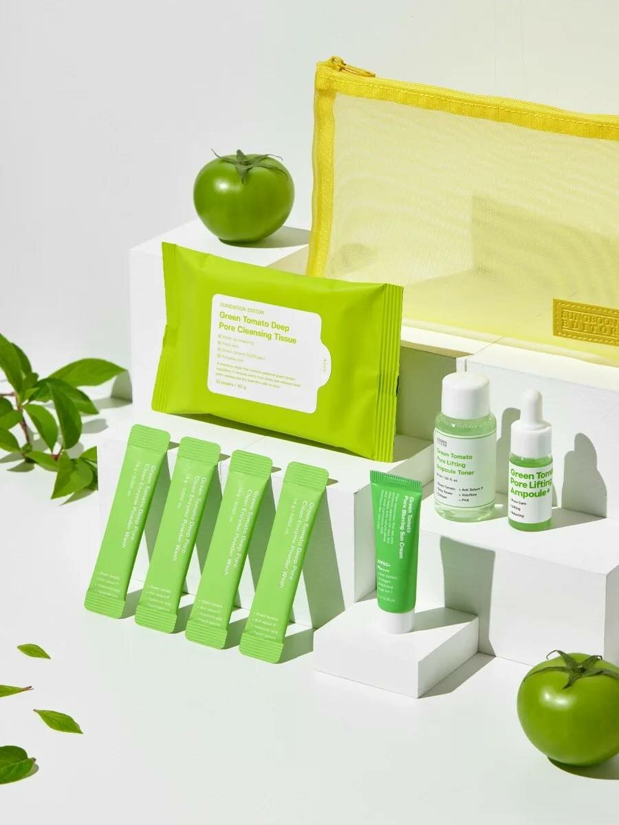 Набор косметический Sungboon Editor, для лица, зеленый томат, в косметичке