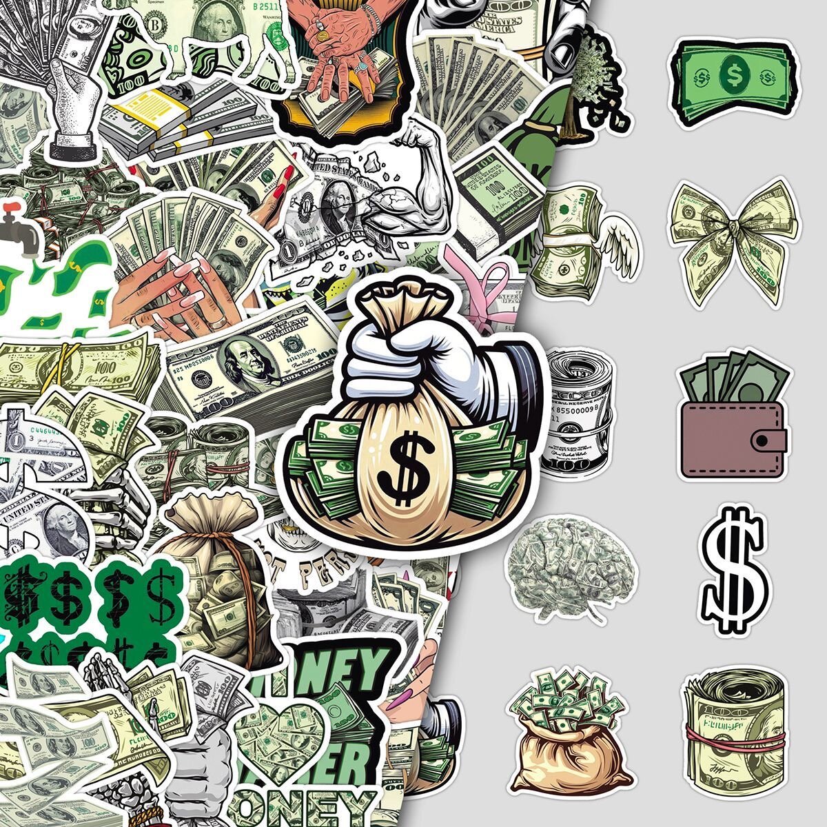 Набор виниловых наклеек "деньги доллар" (15 шт) рандомно придет. Декор для ноутбука, телефона, чемодана - Молочный