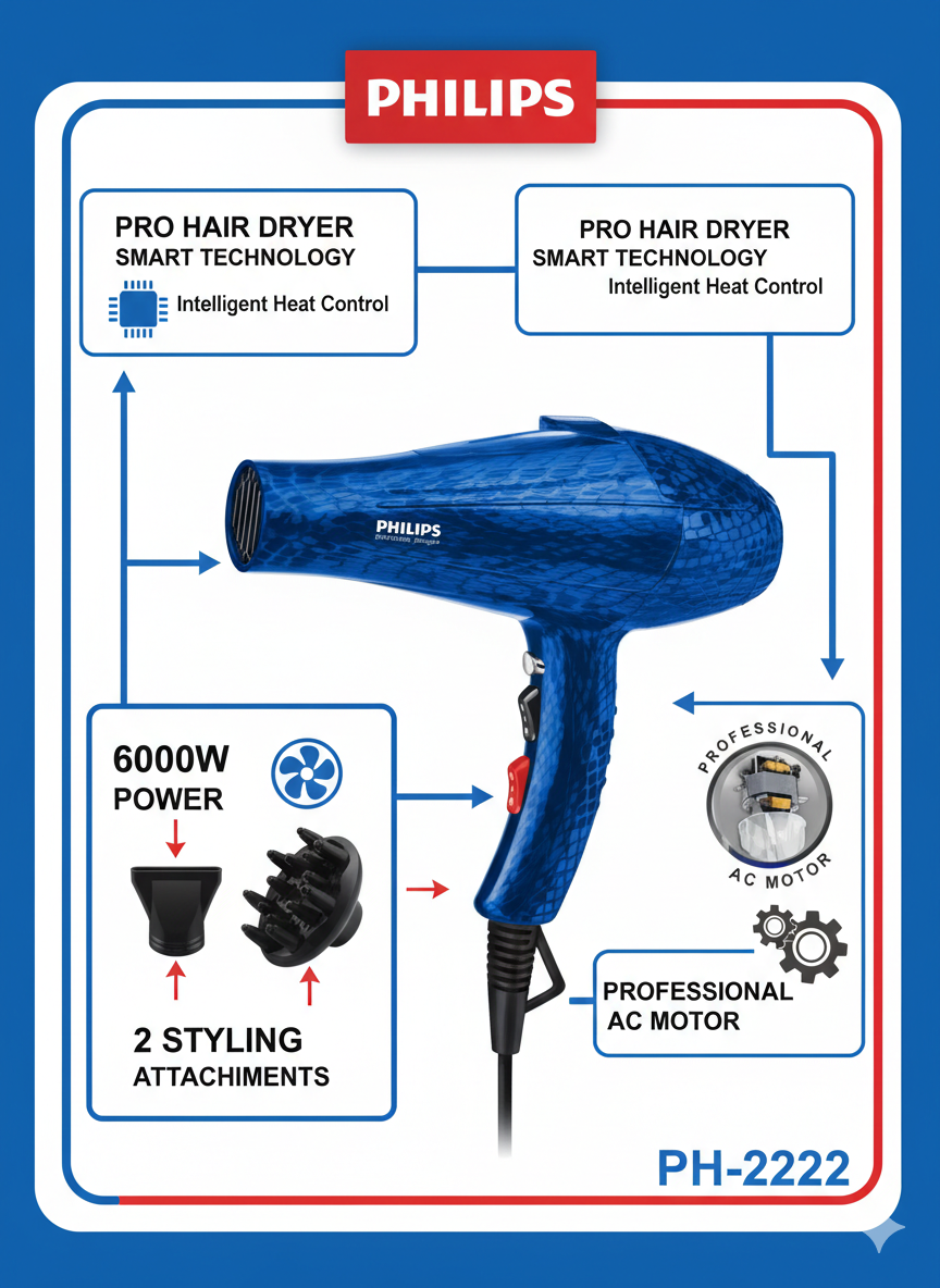 Фен PHILIPS PH-2222, 6000 Вт, профессиональный, двигатель переменного тока.