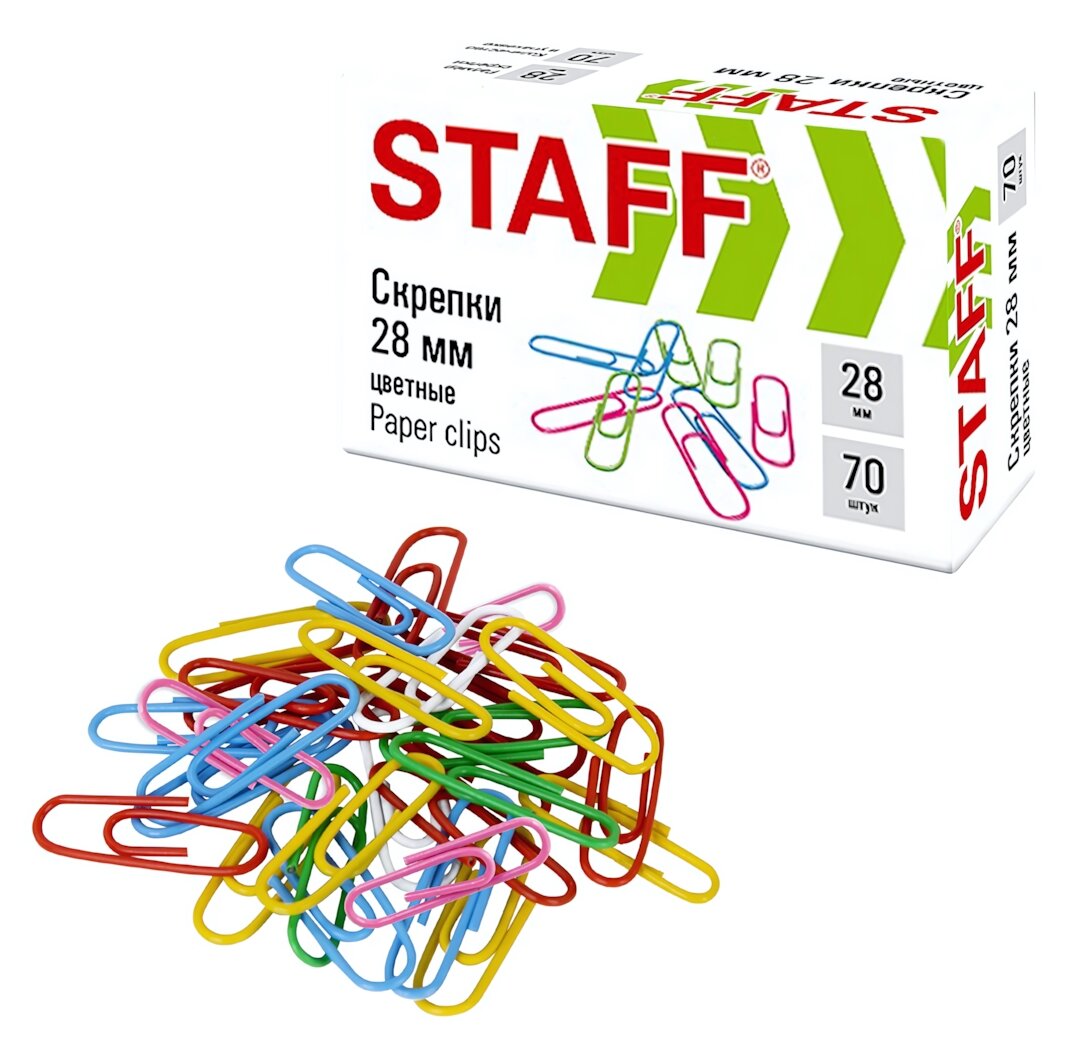 Скрепка канцелярская STAFF 28 мм, цветные, 70 шт, сталь, в коробке