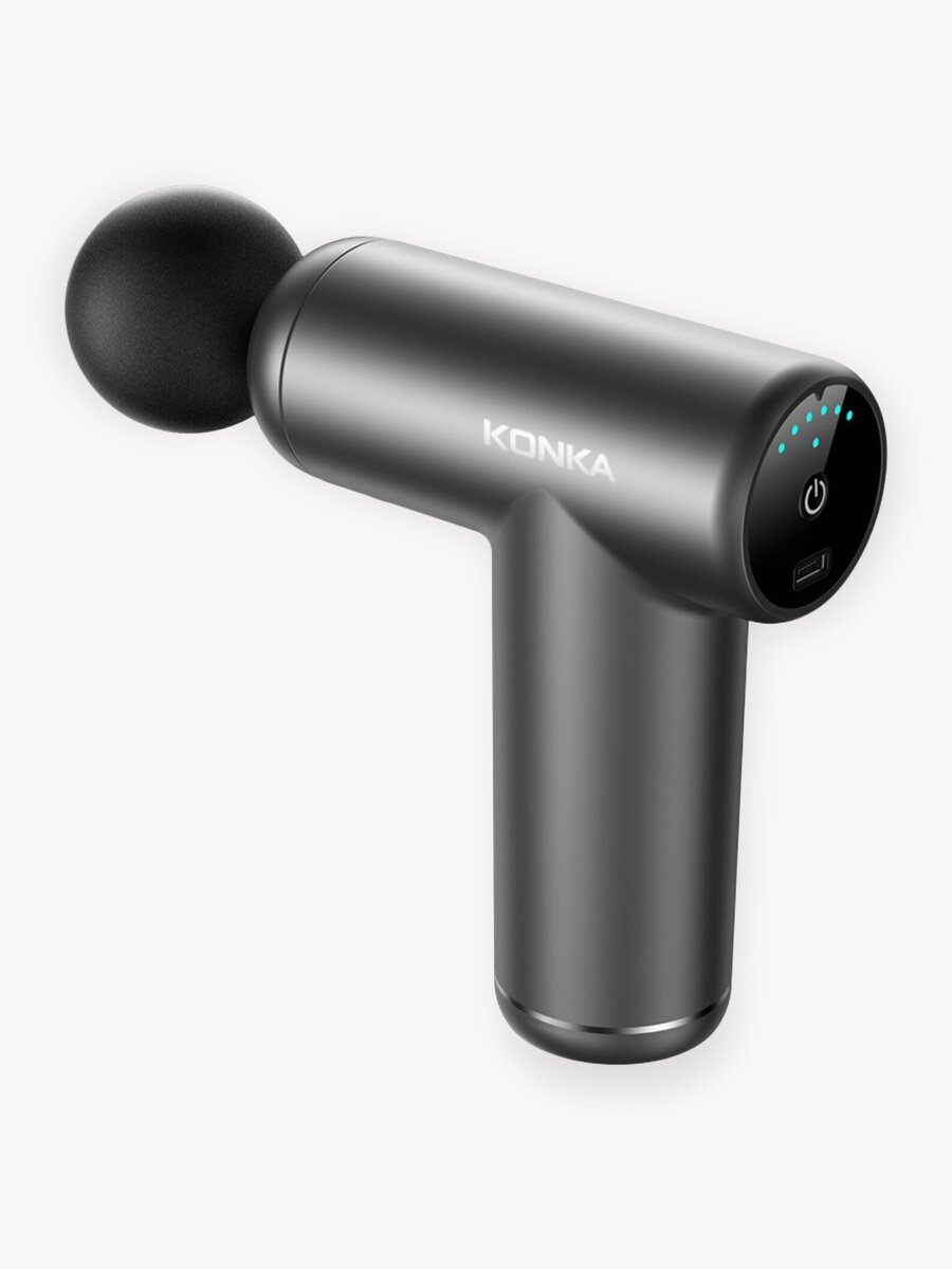 Массажер для тела перкуссионный KONKA V5 электрический, вибрационный, 6 насадок, беспроводной серый