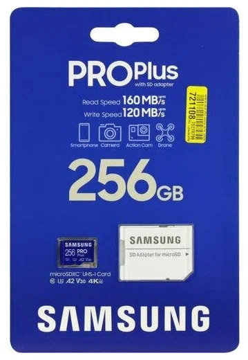Карта памяти Samsung microSDXC 256 ГБ Class 10, V30, A2, UHS-I U3, R/W 160/120 МБ/с, адаптер на SD, 1 шт, синий
