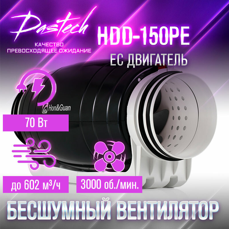 Канальный вентилятор Dastech HDD-150PE (ЕС двигатель, свободная регулировка. 602 м³/час, 498 Па, 31 Дб)