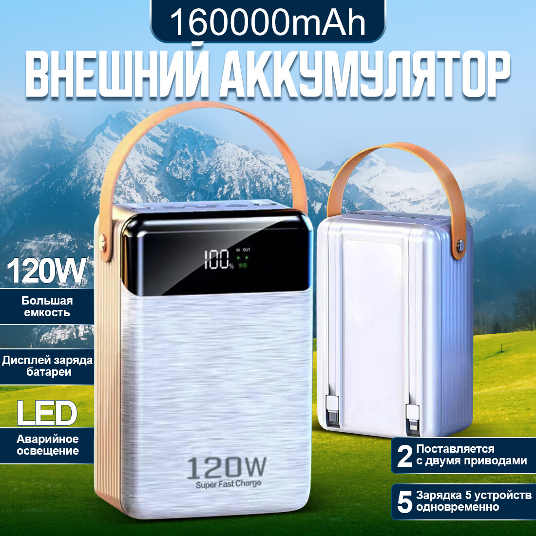 Повербанк с беспроводной зарядкой 160000 mAh, портативный внешний аккумулятор мощностью 120вт, портативная зарядная станция/ электростанция, уличный мобильный источник питания большой емкости, белый