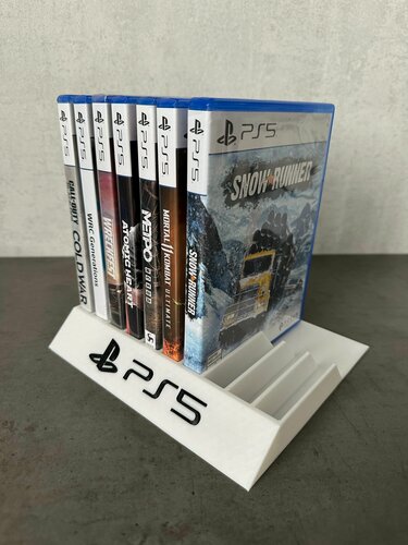 Изображение товара Подставка для дисков PlayStation 5, белая с черным текстом, на 10 дисков без заднего бортика