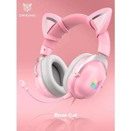 фото Игровые наушники onikuma x11 rose cat розовые с кошачьими ушками и подсветкой