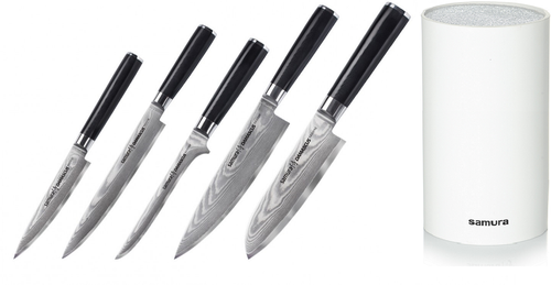 SD-0250КРБП набор из 5-ТИ кухонных ножей SAMURA DAMASCUS универсальный, слайсер, обвалочный, ШЕФ, сантоку И подставки из белого пластика