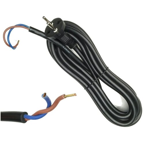 Сетевой кабель с вилкой для электроинструментов ПВХ изоляция две медные жилы сечением 1 мм длина 4 метра морозостойкий 999₽