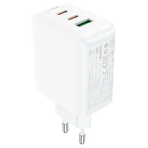 Зарядное устройство ACEFAST A41 PD65W, GaN, 1xUSB-A, 2xUSB-C, белый сетевое зу hoco c80a pd20w qc3 0 1хusb с 1хusb a 3 1а кабель type c на 8pin lightning бел