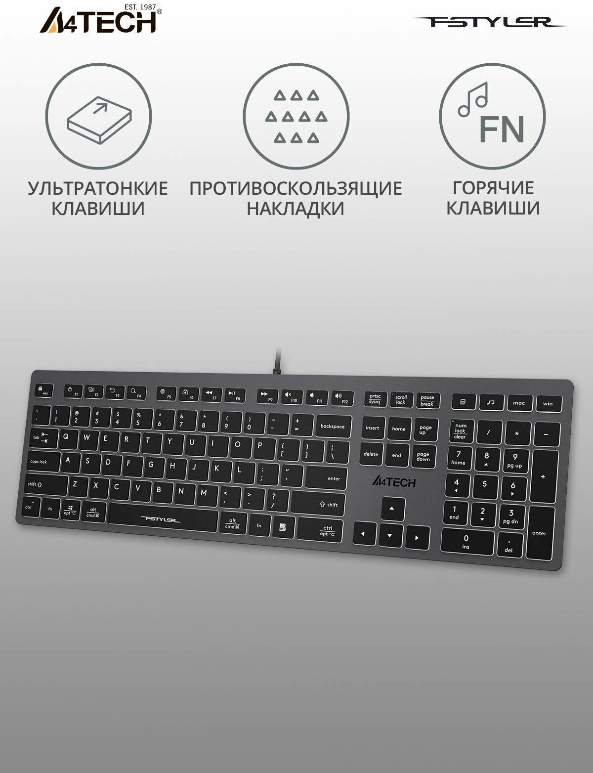 Клавиатура проводная A4TECH Fstyler FX60 USB серый