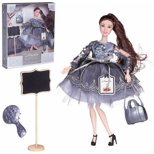 фото Кукла роскошное серебро в платье с двухслойной юбкой, серебристая сумка, темные волосы 30см, 1 шт. abtoys