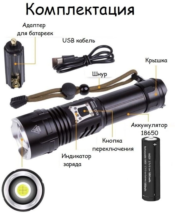 Фонарь светодиодный сверхъяркий P-90, с ZOOM, с кабелем USB+можно использовать как Power Bank