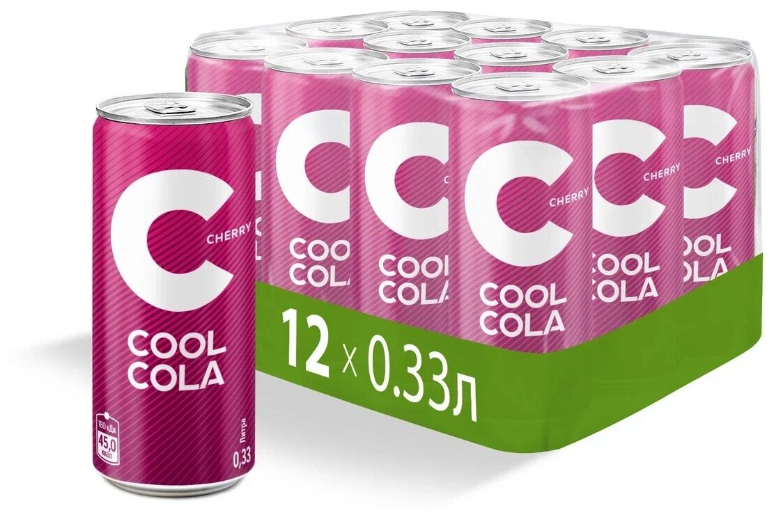 Напиток "Кул Кола Вишня" ("Cool Cola CHERRY") безалкогольный сильногазированный, а/б 0.33 (упаковка 12шт) - фотография № 1