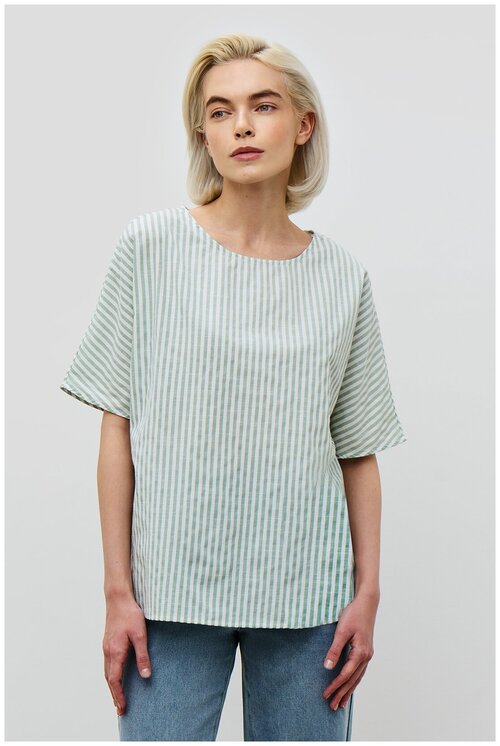 Блуза  Baon, классический стиль, свободный силуэт, короткий рукав, без карманов, размер 52, зеленый, белый