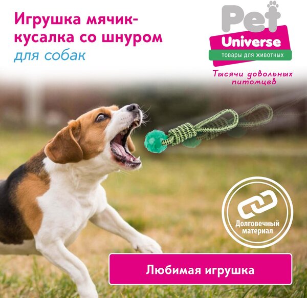 Игрушка для собак Мяч с канатом и петлёй Pet Universe 30*5 см /PU6002GN