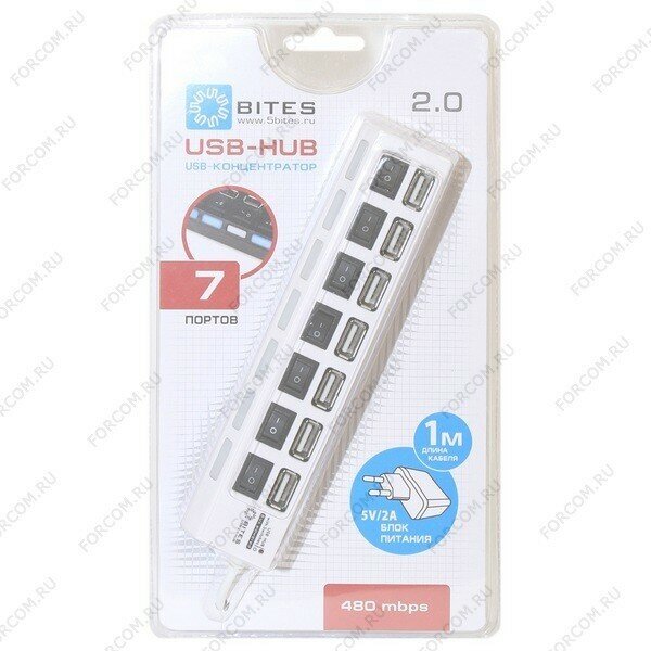 USB-хаб 5Bites USB 2.0, 7 портов, выключатели, блок питания, белый, (5Bites HB27-203PWH)