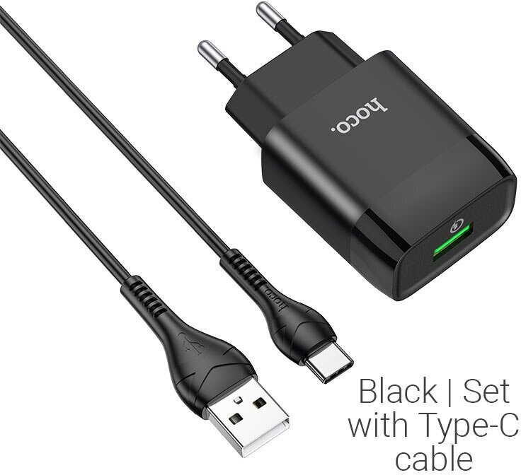 Сетевое зарядное устройство HOCO C72Q Glorious USB, 18W QC3.0 + Кабель USB to Type-C, Черный