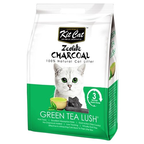 Комкующийся наполнитель Kit Cat Zeolite Charcoal Green Tea Lush, 4кг, 1 шт. kit cat soya clump green tea наполнитель соевый биоразлагаемый комкующийся для туалета кошек с ароматом зеленого чая 14 л