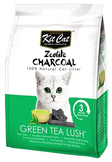 Kit Cat Zeolite Charcoal Green Tea Lush цеолитовый комкующийся наполнитель с ароматом зеленого чая - 4 кг - фотография № 1