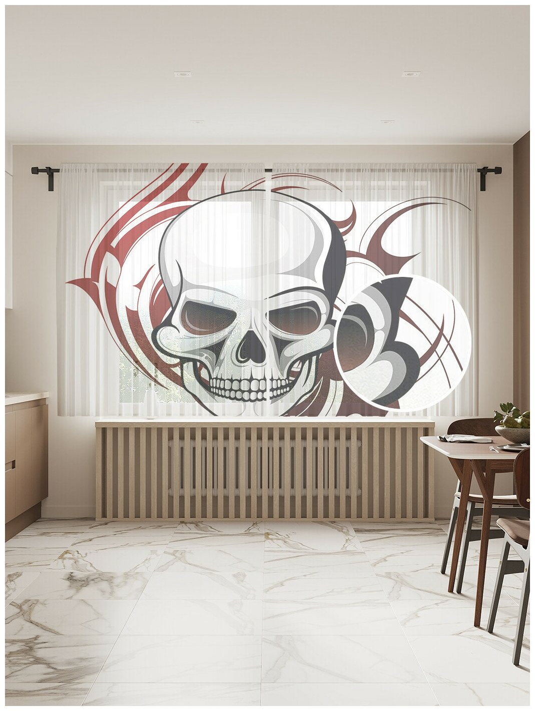 Тюль для кухни и спальни JoyArty "Значок черепа", 2 полотна со шторной лентой, 145x180 см.