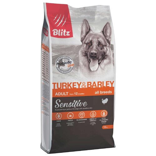 фото Корм для собак blitz adult dog turkey & barley all breeds dry (15 кг)