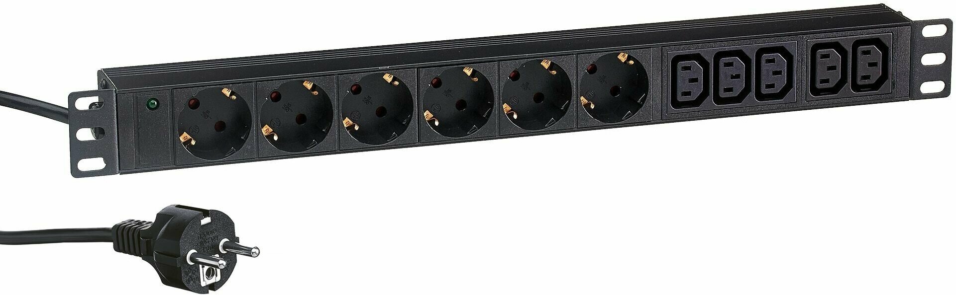 Блок розеток горизонтальный ExeGate ServerPro PDU-19H011 Al-5C136S-EU2.5CU (19", 1U, Алюминий, 5 IEC 320 C13, 6 Schuko, кабель с евровилкой VDE-250V-16A-3*1.5mm2, 2.5 метра, черный, RTL) EX280869RUS