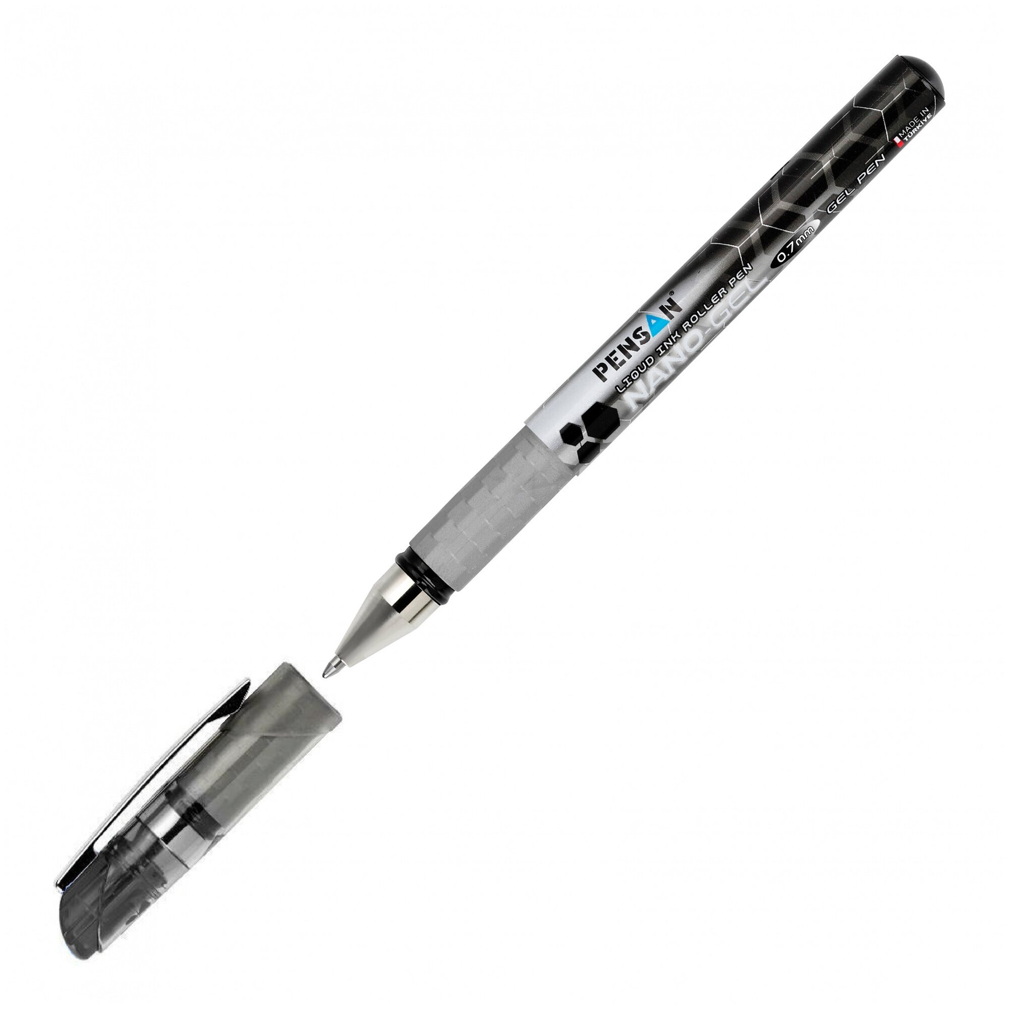 Ручка гелевая Pensan Nano Gel (6020/12BLACK) серебристый диаметр 0.7мм черные чернила игловидный пишущий наконечник линия 0.5мм резиновая манжета