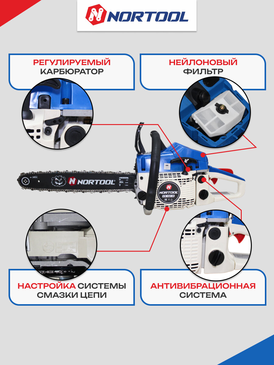 Бензопила бензиновая цепная NORTOOL CS 152-18, антивибрационная — фото 1