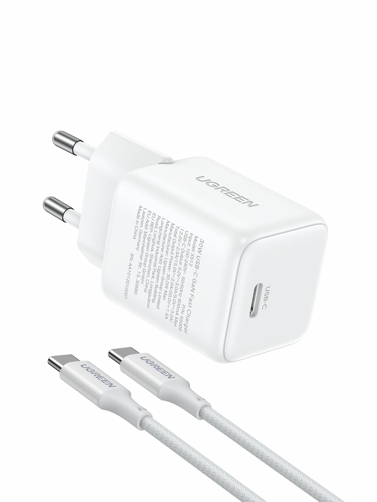 Сетевое зарядное устройство UGREEN X513 (65013) 30W с кабелем USB-C-USB-C, 1м