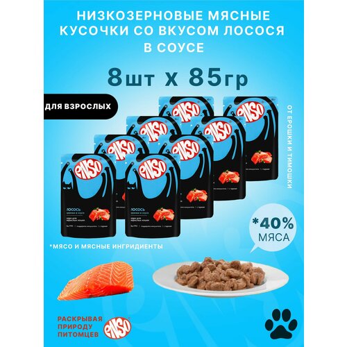 ENSO Корм влажный полнорационный для взрослых кошек, кусочки в соусе с лососем, пауч 85г 8 шт.