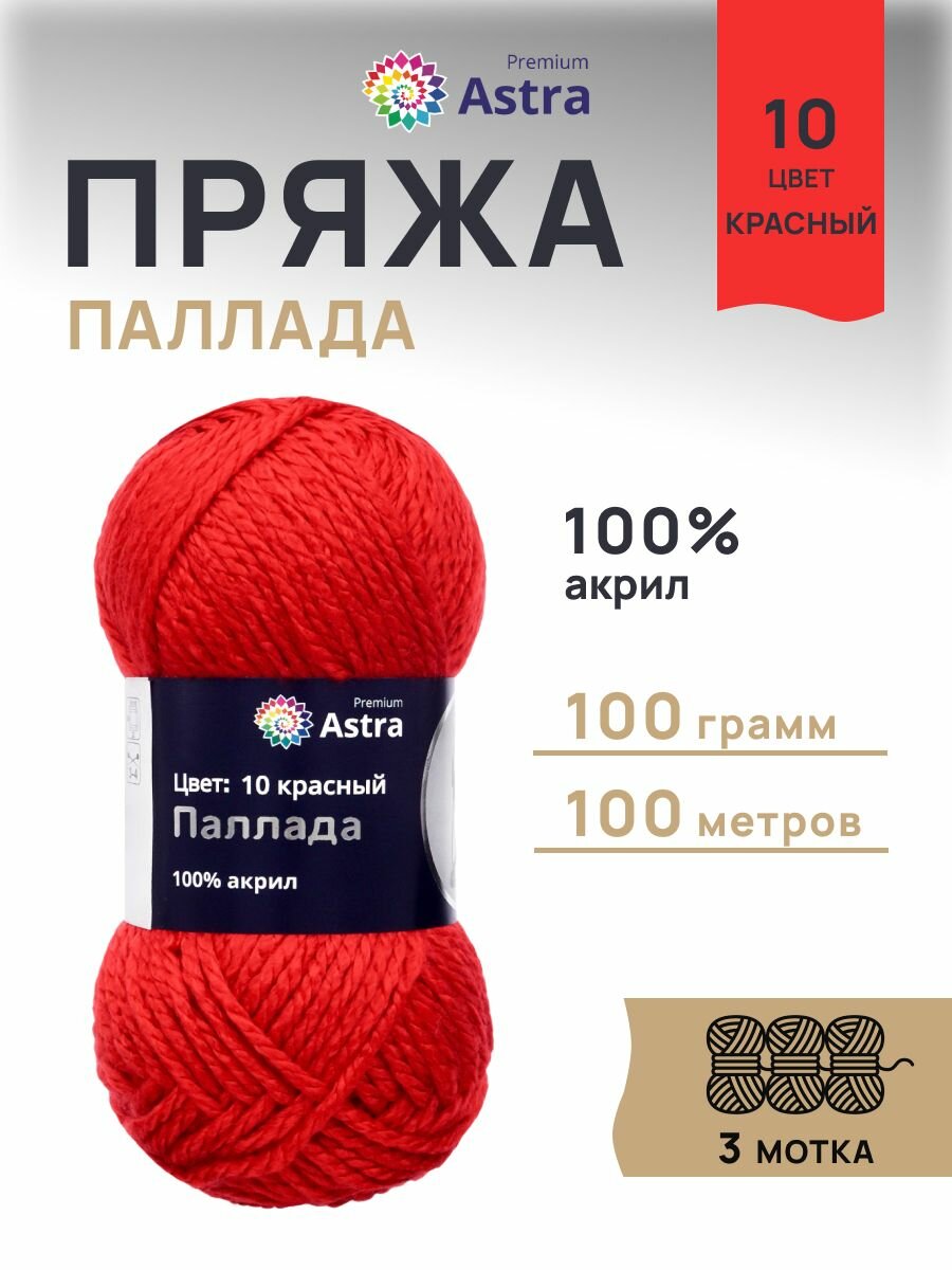 Пряжа для вязания Astra Premium 'Паллада' 100г, 100м (100% акрил) (10 красный), 3 мотка