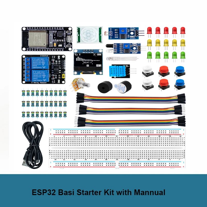 Стартовый комплект ESP32 для ESP32 ESP-32S, макетная плата Wi-Fi IOT, набор для самостоятельного обучения с обучающим руководством, совместимым с Arduino IDE, ESP32 Basic kit