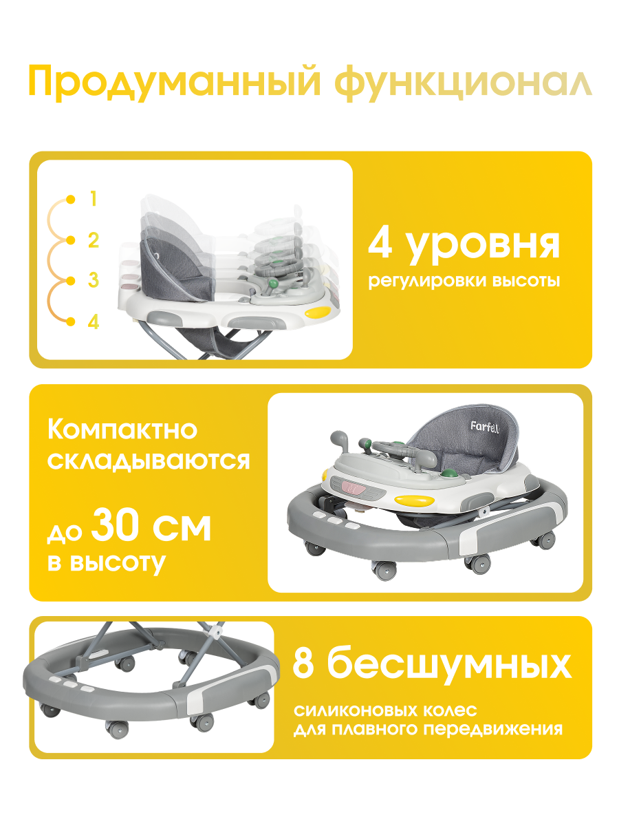 Изображение Ходунки детские Farfello A5, для детей от 6 до 18 месяцев, до 12 кг, игровая панель, цвет серый