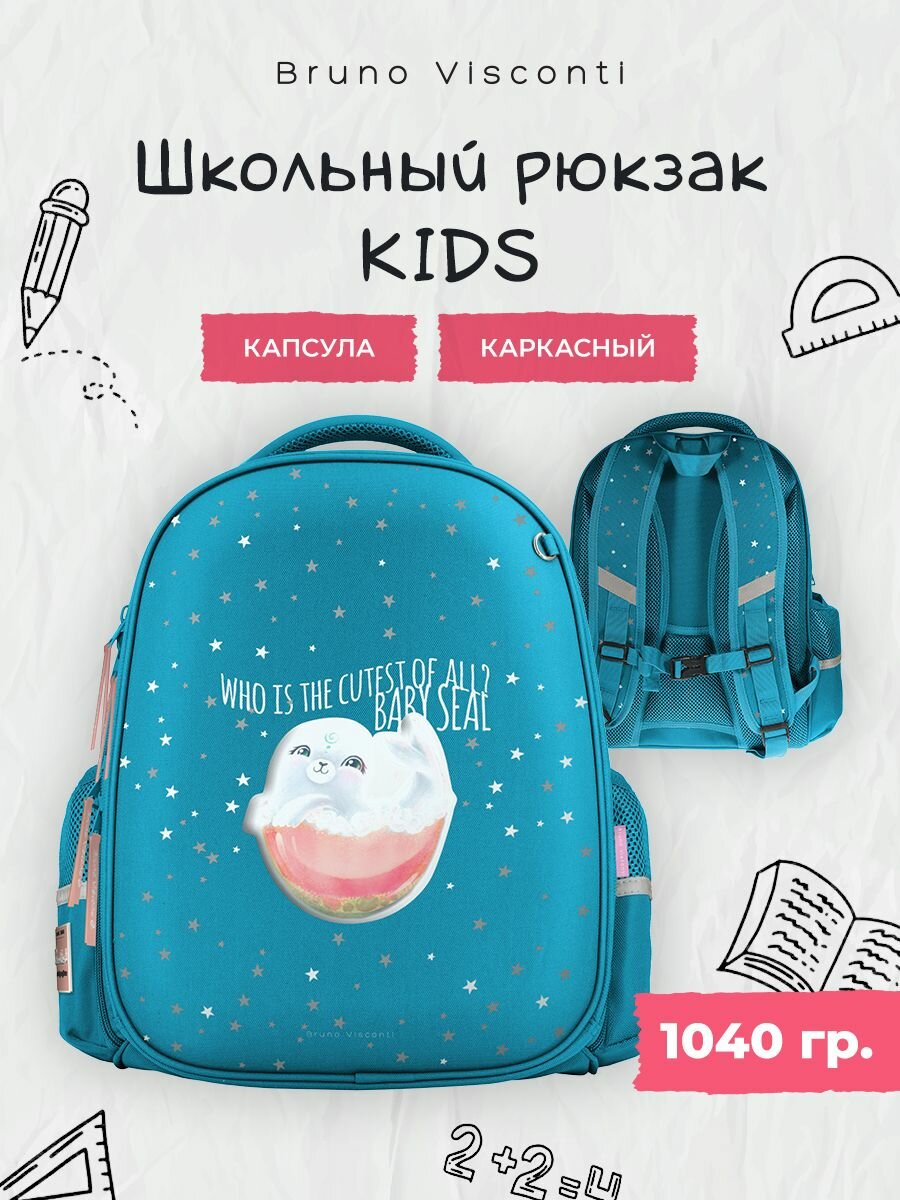 Рюкзак школьный Bruno Visconti "милота зашкаливает. белек", бирюзовый, 1-4 класс, ортопедический ранец школьный для девочек арт.12-009-088/09
