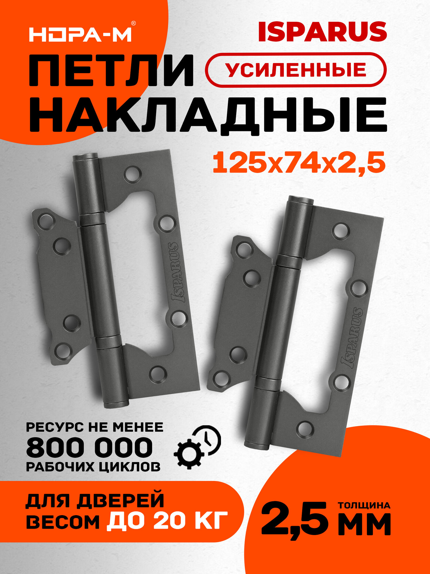 Петли дверные 2 шт. Нора-м Isparus 800-5", накладные, универсальные, 125х75х2,5, графит