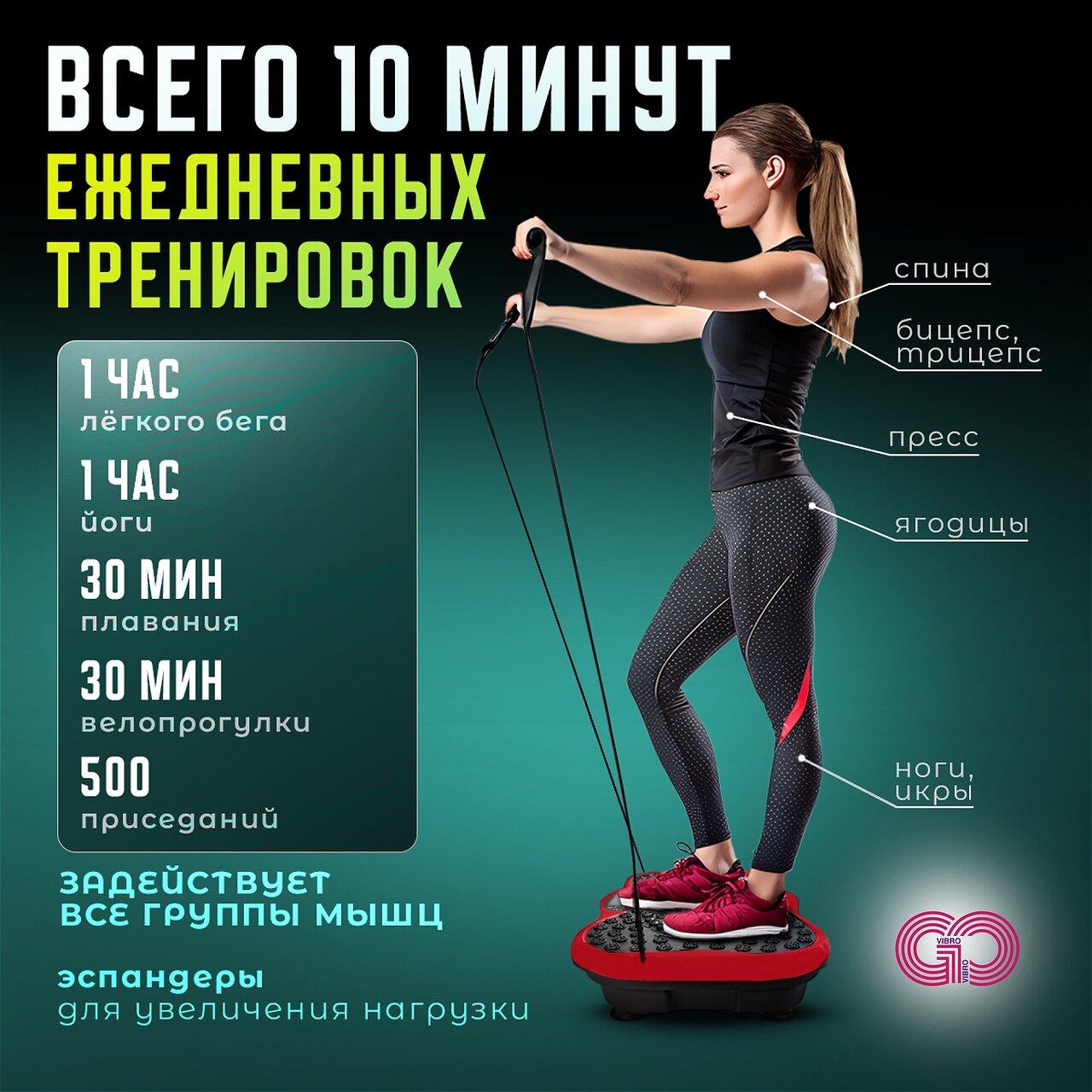 Виброплатформа для похудения VIBROGO, тренажер, массажер для ног, 300 скоростей, эспандеры 2 шт, красная — фото 1