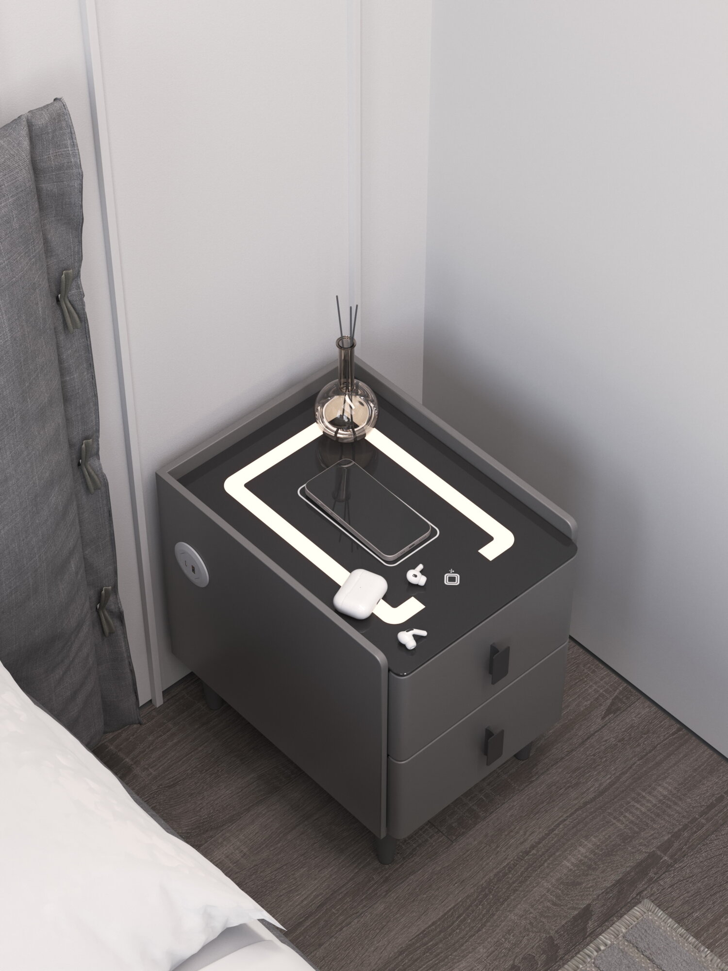 Тумба прикроватная с зарядкой Qi, подсветкой и USB/Type-C портами, 2 ящика, эко-кожа, МДФ, LEVELMORE, 30x40x45 см