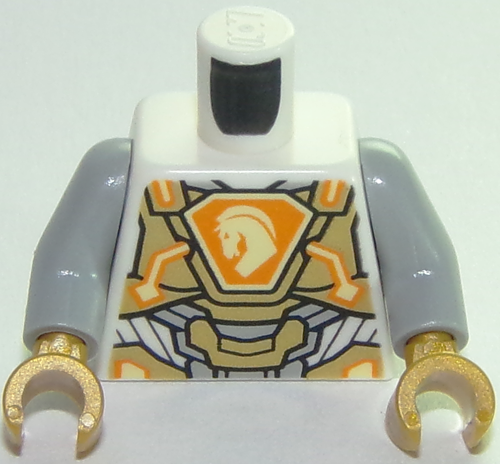Torso Nexo Knights Armor, Gold Panels, Orange Emblem, Yellow Horse Head Pattern / Light Bluish Gray Arms / Pearl Gold Hands, 973pb3047c01 White U