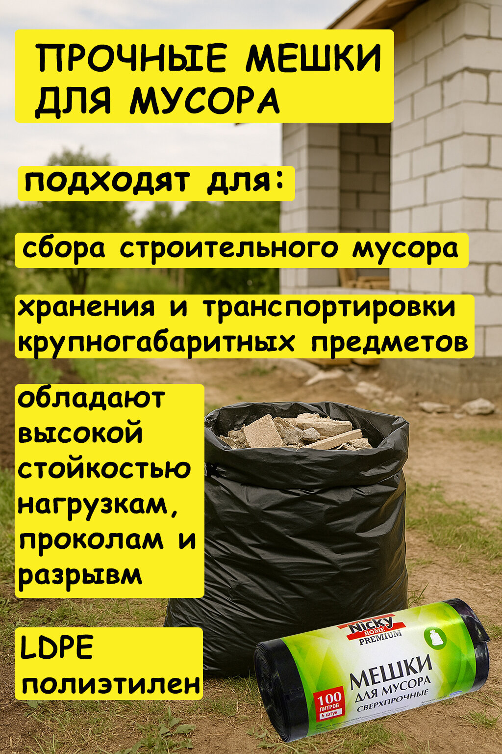 Мешки для тяжелого мусора 100 л, 80мкм, в рулоне, 5 шт, Antella, LDPE — фото 1