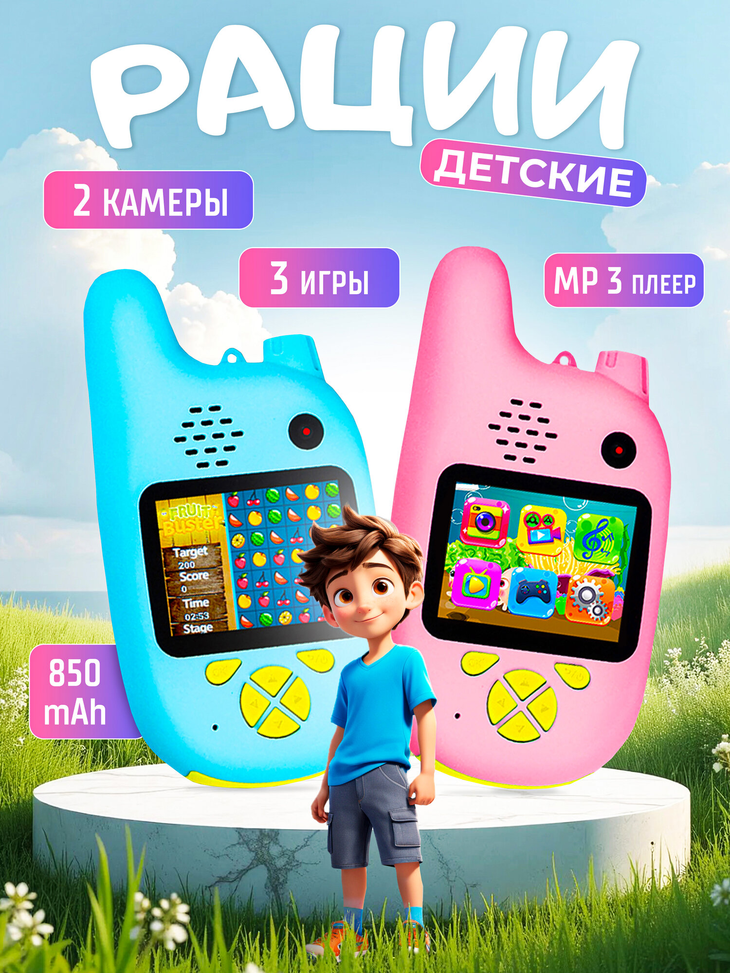 Комплект игровых раций для детей KIBERLI H2 4в1 с двумя камерами, игры, голубой розовый