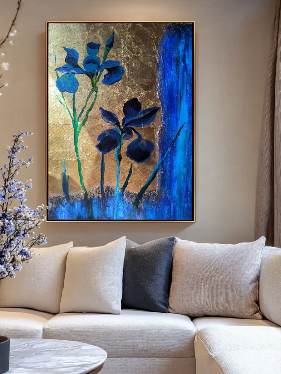 Гипсовое панно "Ирисы на фреске" с поталью акрил холст на подрамнике 50x70 см