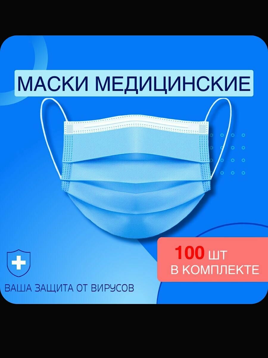 Маски медицинские одноразовые трехслойные голубые упаковка 50 штук