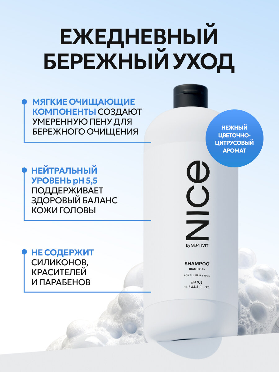 Шампунь для всех типов волос Nice by Septivit, для ежедневного применения, профессиональный, 1 л — фото 1