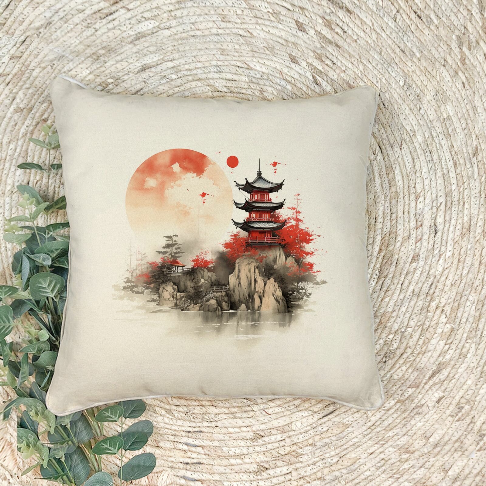Наволочка для декоративной подушки "Пагода на рассвете", 41*41 см, эко-ткань хлопок/полиэфир, 1 шт.