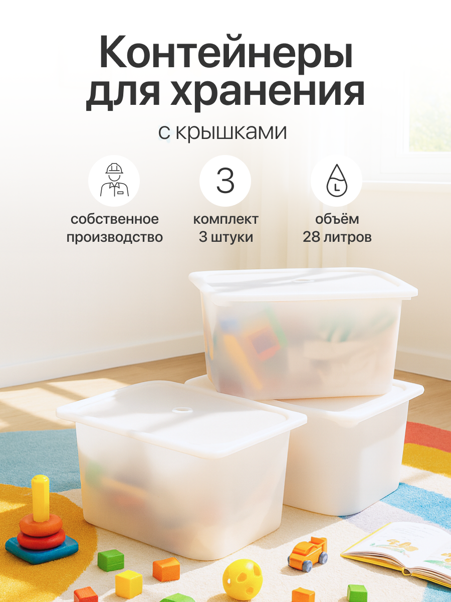 Контейнер для хранения Трофей, коробки для хранения вещей с крышкой, органайзер для хранения, 3 штуки/28 л, белый