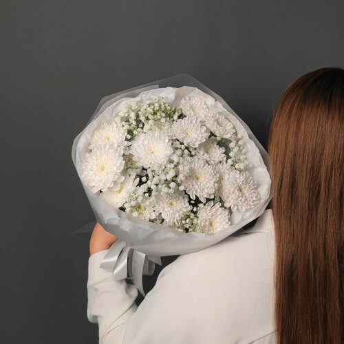 Изображение товара Цветы / Букет на 1 сентября "Белоснежная Нежность", хризантемы, гипсофилы, белый