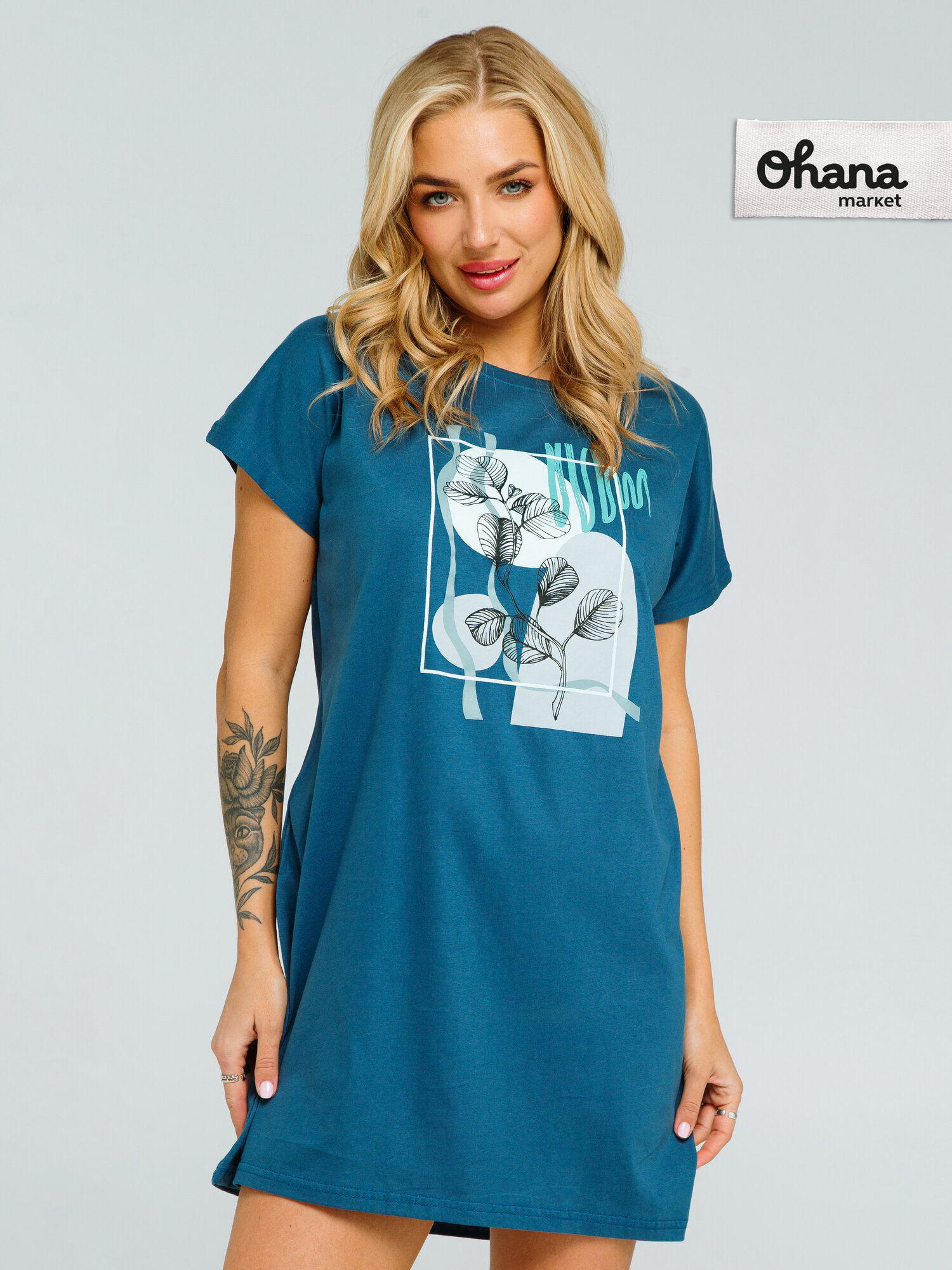 Туника Ohana market женская домашняя, размер 52, серо-синий