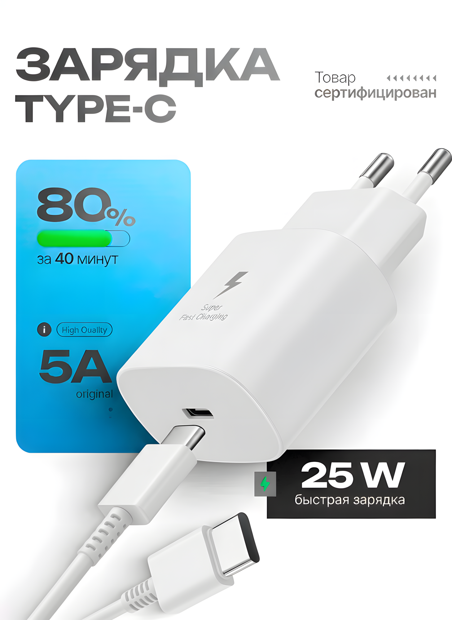 Оригинал Samsung 25W PD адаптер с кабелем USB-C to USB-C, быстрая зарядка