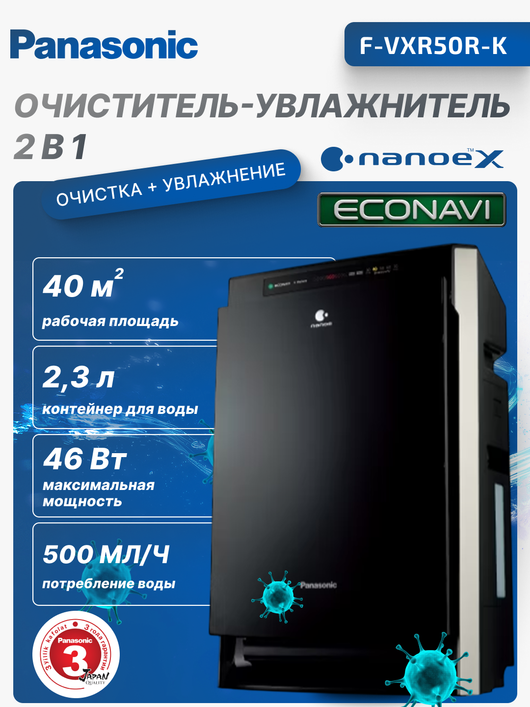 Климатический комплекс, очиститель и увлажнитель воздуха 2 в 1 Panasonic F-VXR50R-K, 40 M2
