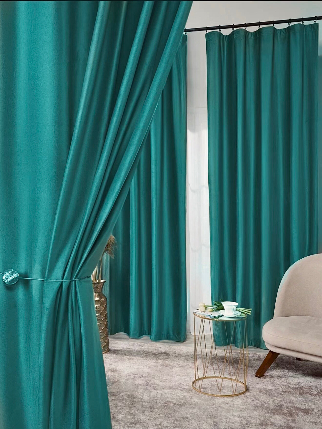 Бархатные шторы Assela 200×260см блэк-аут плотные бирюзовые 2 шт.